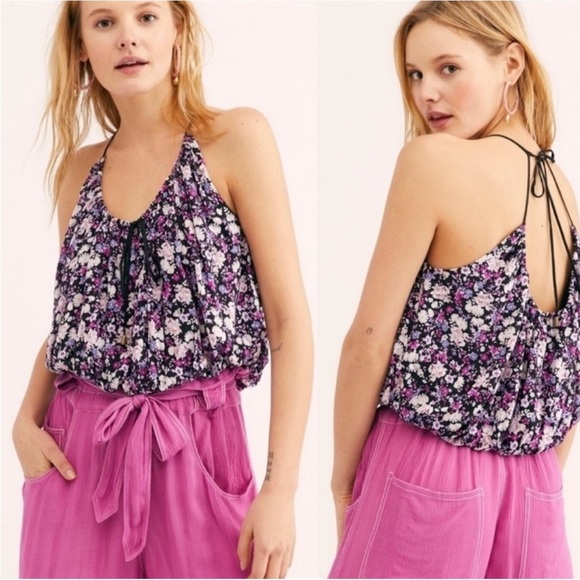 Free People daisy babe halter tank top purple floral crop top xs tie - Picture 1 of 9